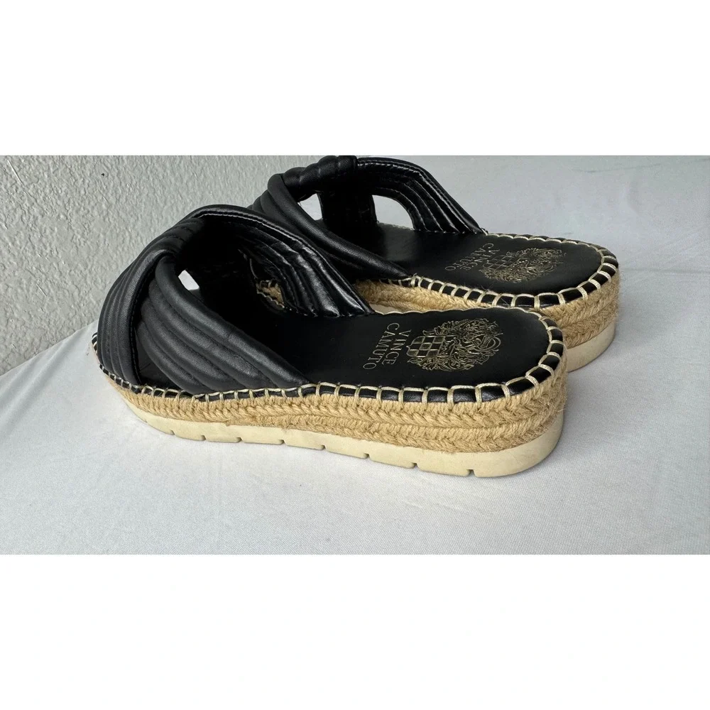 Vince Camuto Black Leather Quilted Twist Espadrille Platform Slide Sandals